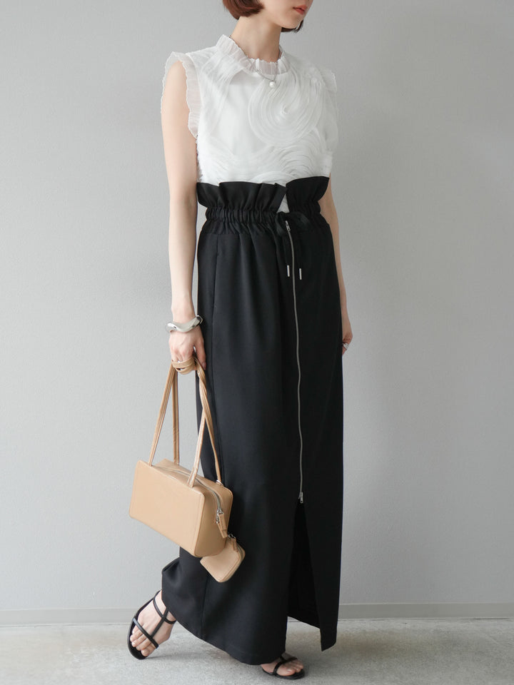 [SET]チュールジャガードノースリブラウス+ヘザーエステルギャザージップスカート(2set)