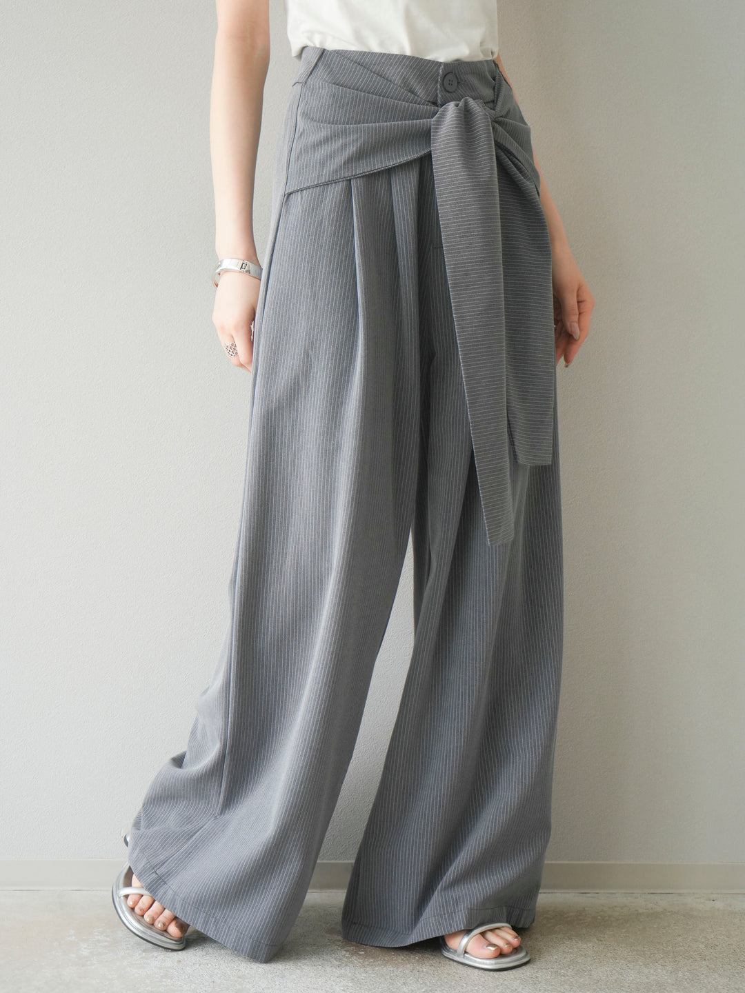 【預購】條紋裹腰寬褲/灰色