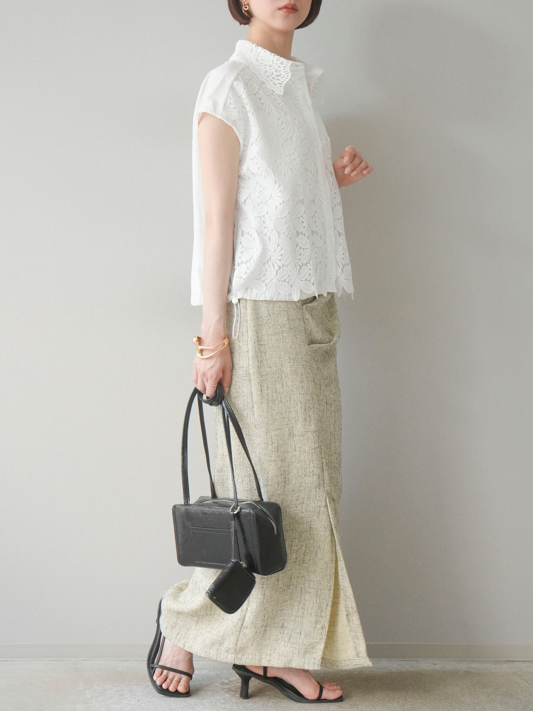 [予約]サマーツイードタックサイドスリットスカート/ベージュ