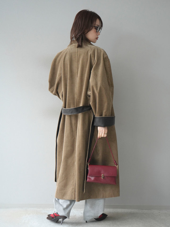 [予約]コーデュロイ折り返しレザーロングコート/beige