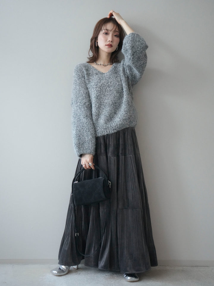 [SET]Vネックミックスヤーンニットプルオーバー+ベロアティアードワッシャースカート(2set)