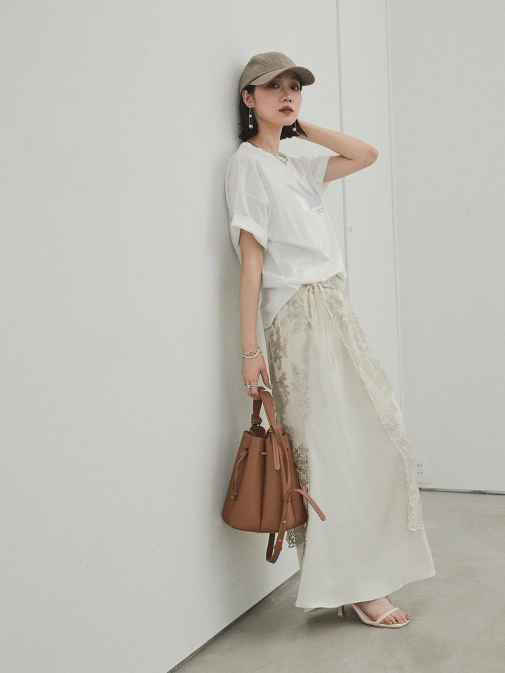 [D] 薄紗提花裹身長裙/米色