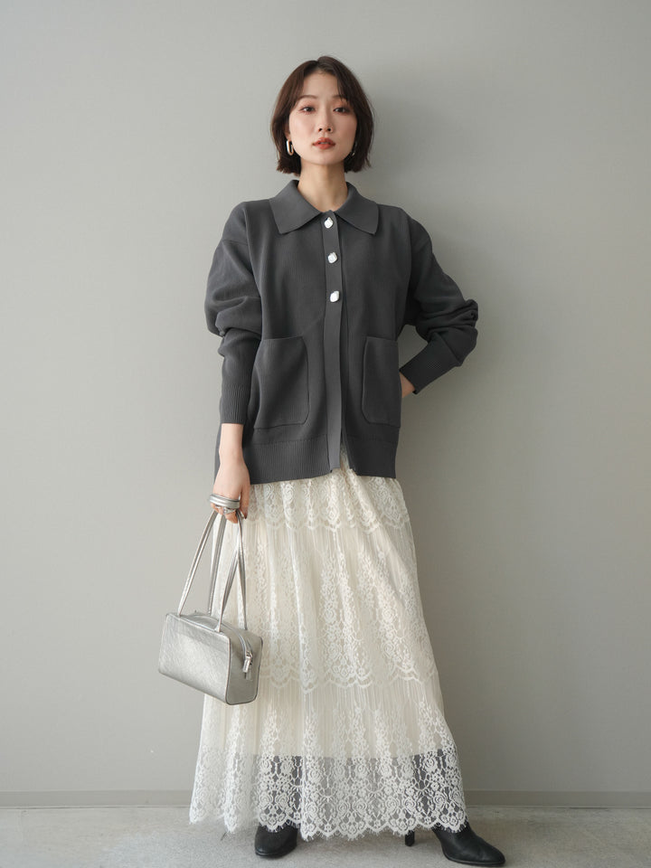 [予約]メタルボタン襟付きポリエステルニットカーディガン/charcoal