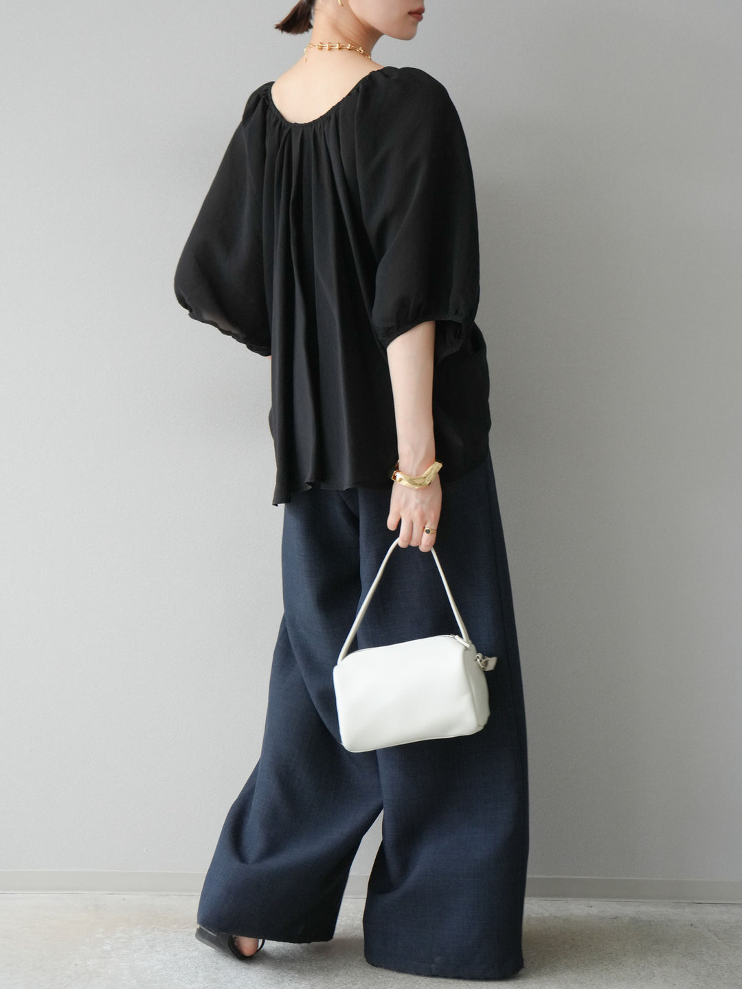 [SET]ボリュームスリーブシアータックブラウス+リネンライクイージーワイドパンツ(2set)