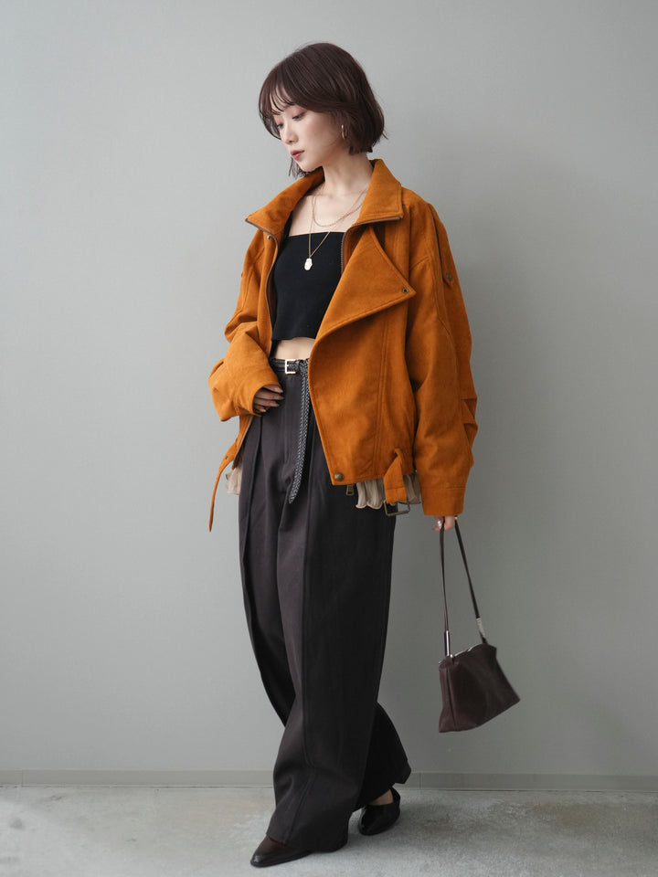 [SET]コーデュロイライダース裾レースブルゾン+カップ付テレコリブベアキャミソール+コットンツイルカーブパンツ(3set)