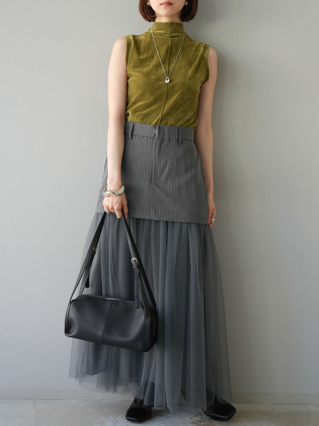 [予約]ストライプ切替チュールスカート/グレー