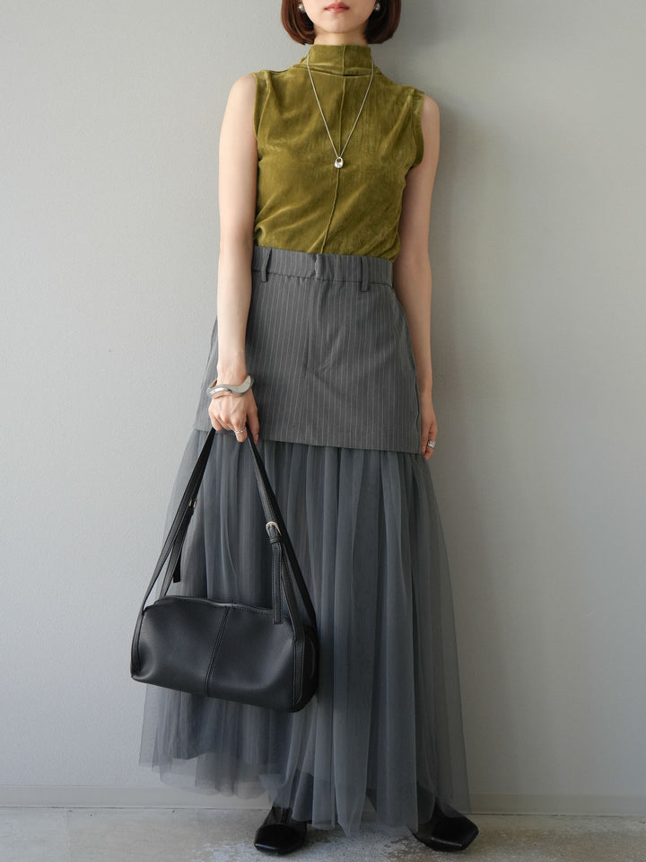 [予約]ストライプ切替チュールスカート/グレー