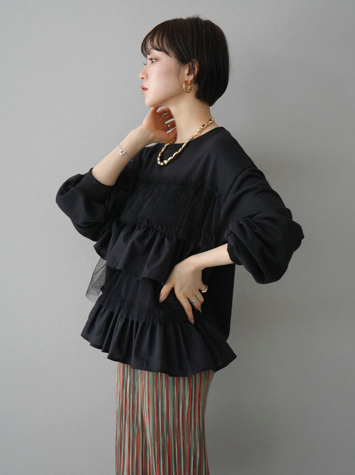 [Pre-order] Tulle frilled fleece pullover/Black