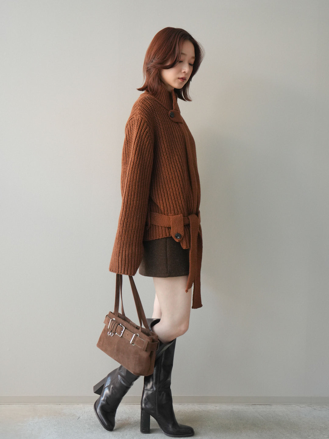 [SET]畦編みボトルネックZIPニットカーディガン+ウールタッチベルト付ミニスカート(2set)