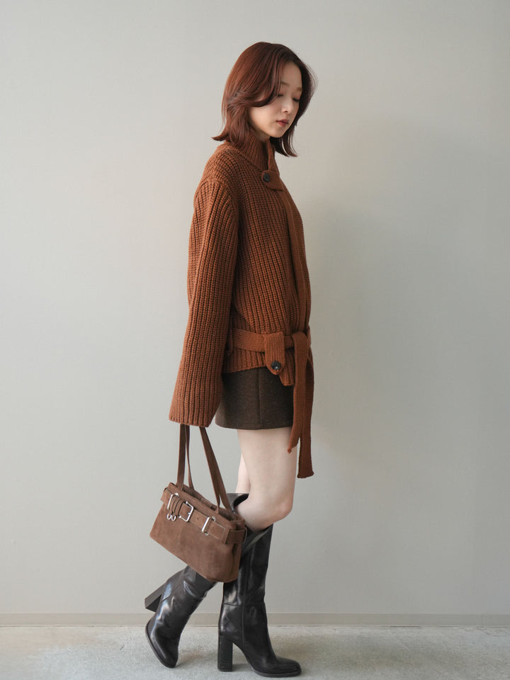[SET]畦編みボトルネックZIPニットカーディガン+ウールタッチベルト付ミニスカート(2set)