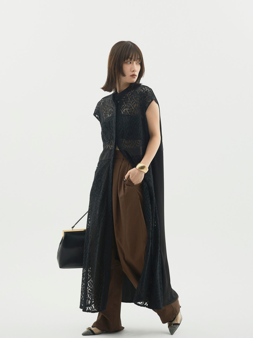 【Allure】[SET]レースサテン切替ワンピース+タフタワイドカーブパンツ(2set)