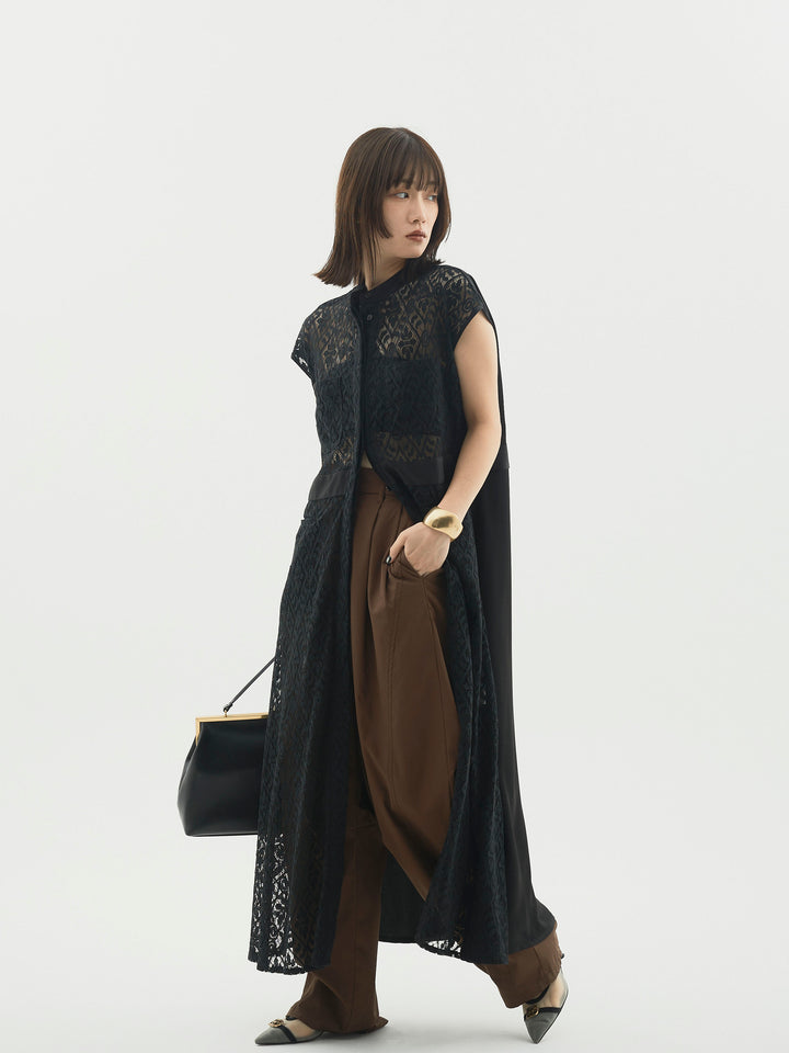 【Allure】[SET]レースサテン切替ワンピース+タフタワイドカーブパンツ(2set)