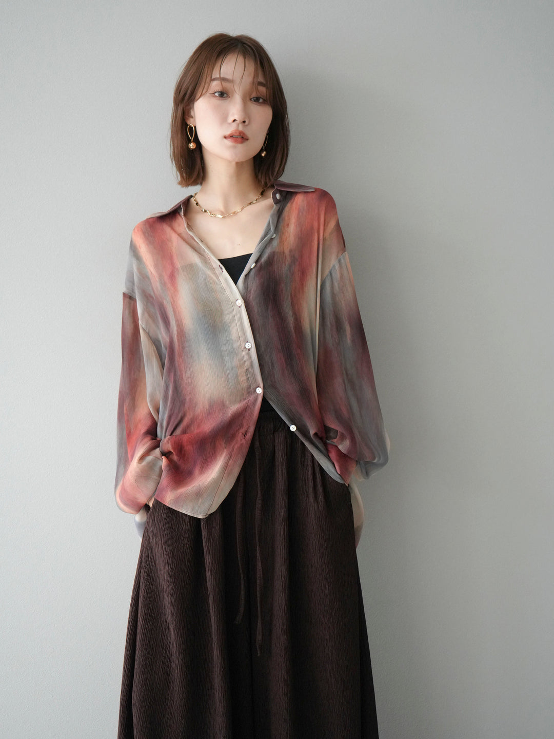 [予約]ニュアンス柄シアーシャツ/レッド