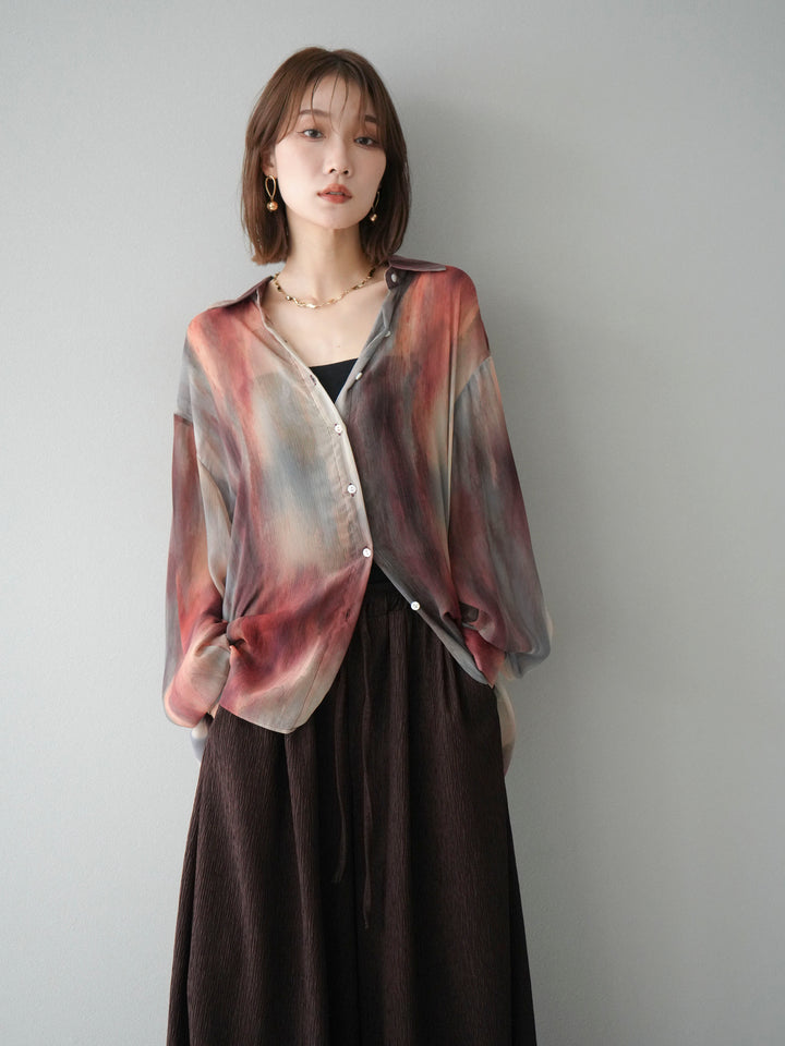 [予約]ニュアンス柄シアーシャツ/レッド