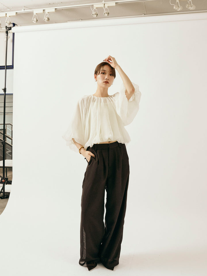 [予約]メッシュタックワイドパンツ/ブラウン