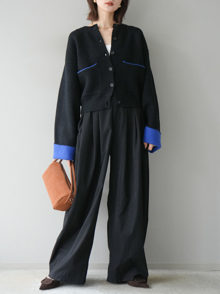 【SET】雙色針織開襟衫+褶襉設計寬褲（2套）