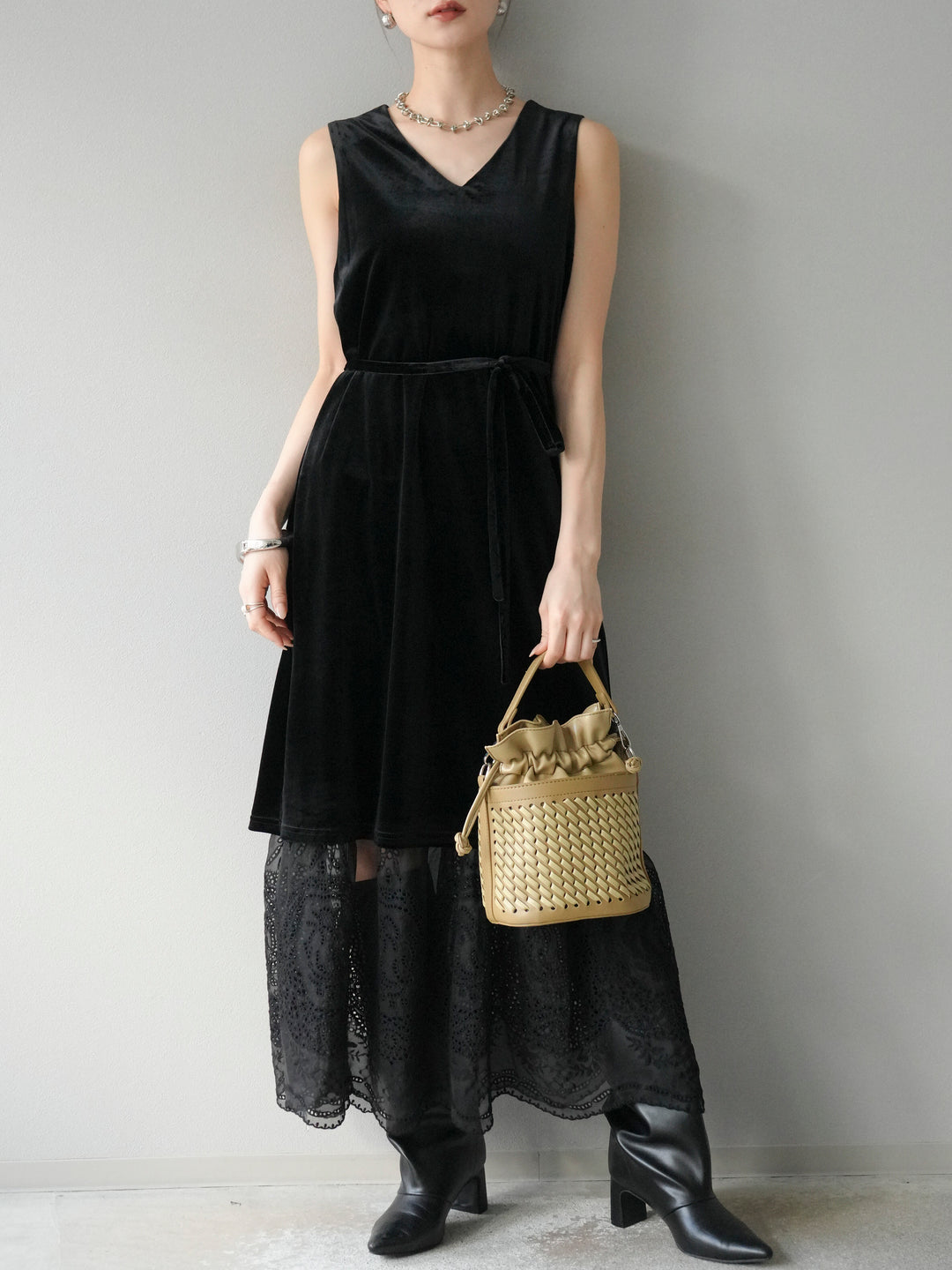 [予約]裾コットンレースベロアワンピース/ブラック