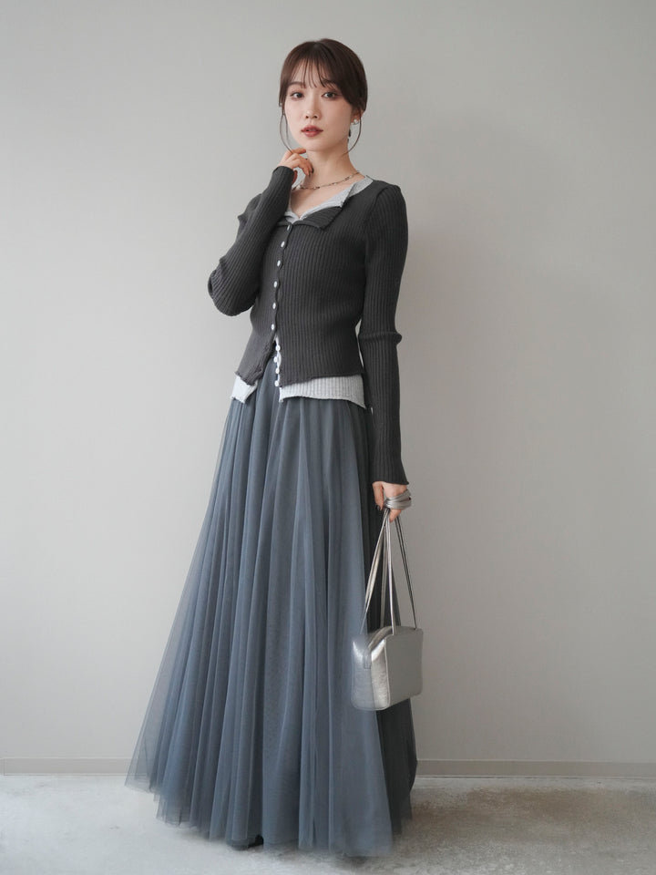 [予約]配色レイヤードリブニットカーディガン/charcoal