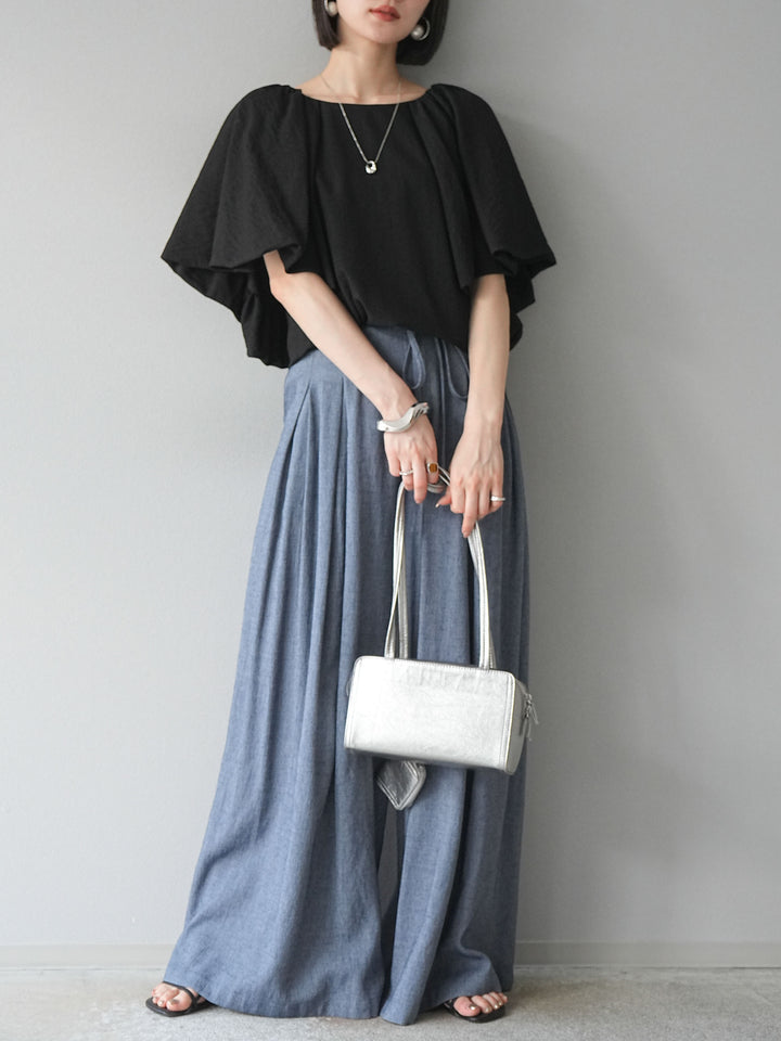 【預購】仿亞麻雙褶設計寬褲/藏青色