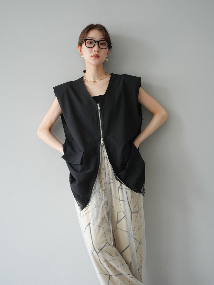 [預購] 雙拉鍊蕾絲下擺背心/黑色