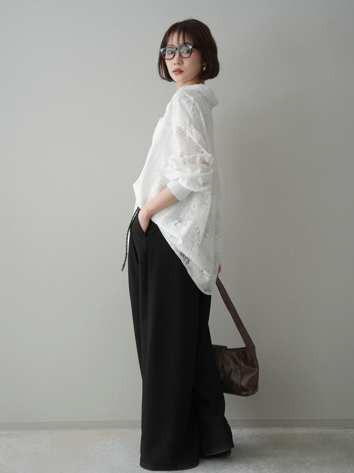 [予約]編み込みベルト付タックワイドパンツ/black