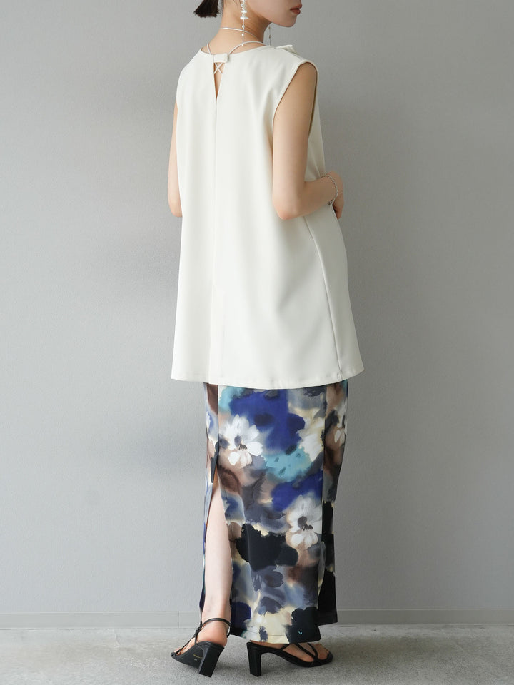 [SET] Layered design vest + watercolor print tuck I-line skirt (2set)