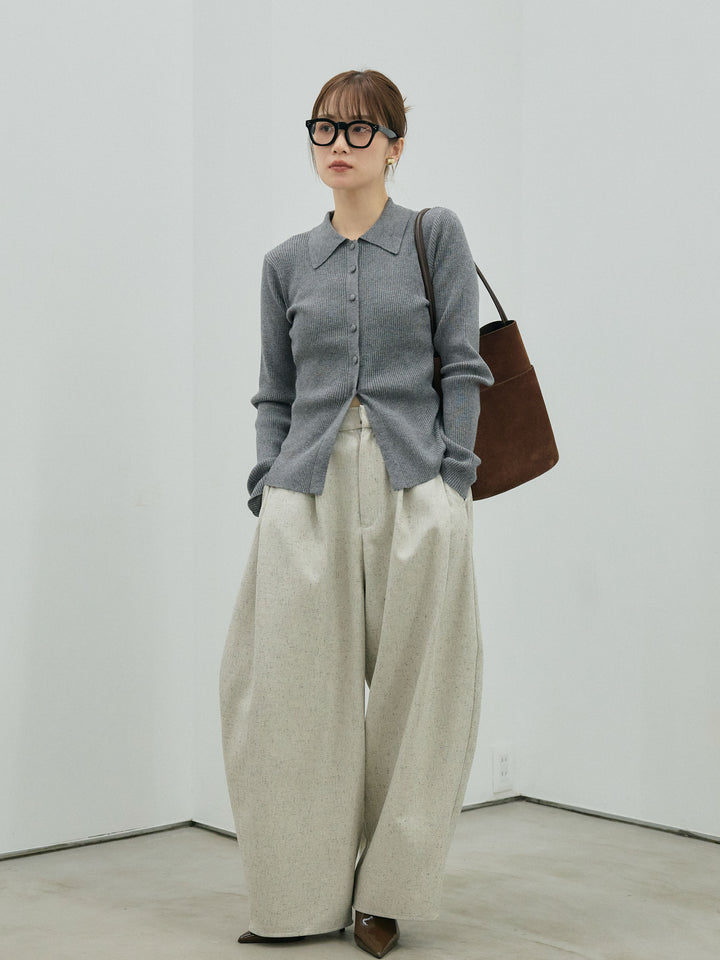 【Allure】[SET]くるみボタンポロリブニットトップス+モックスカルゼサイドタックコクーンパンツ(2set)