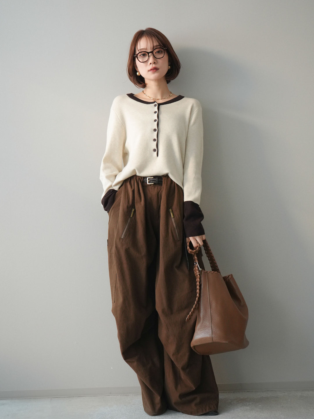 [SET]ヘンリーネック配色ニットソー+コットンタックループパンツ(2set)