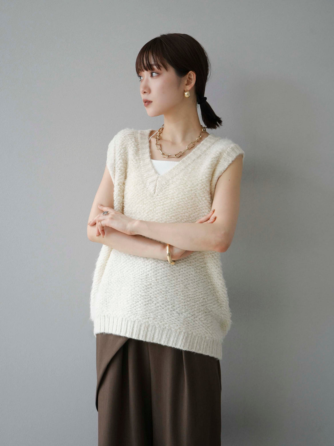 [予約]ループ編みニットベスト/アイボリー