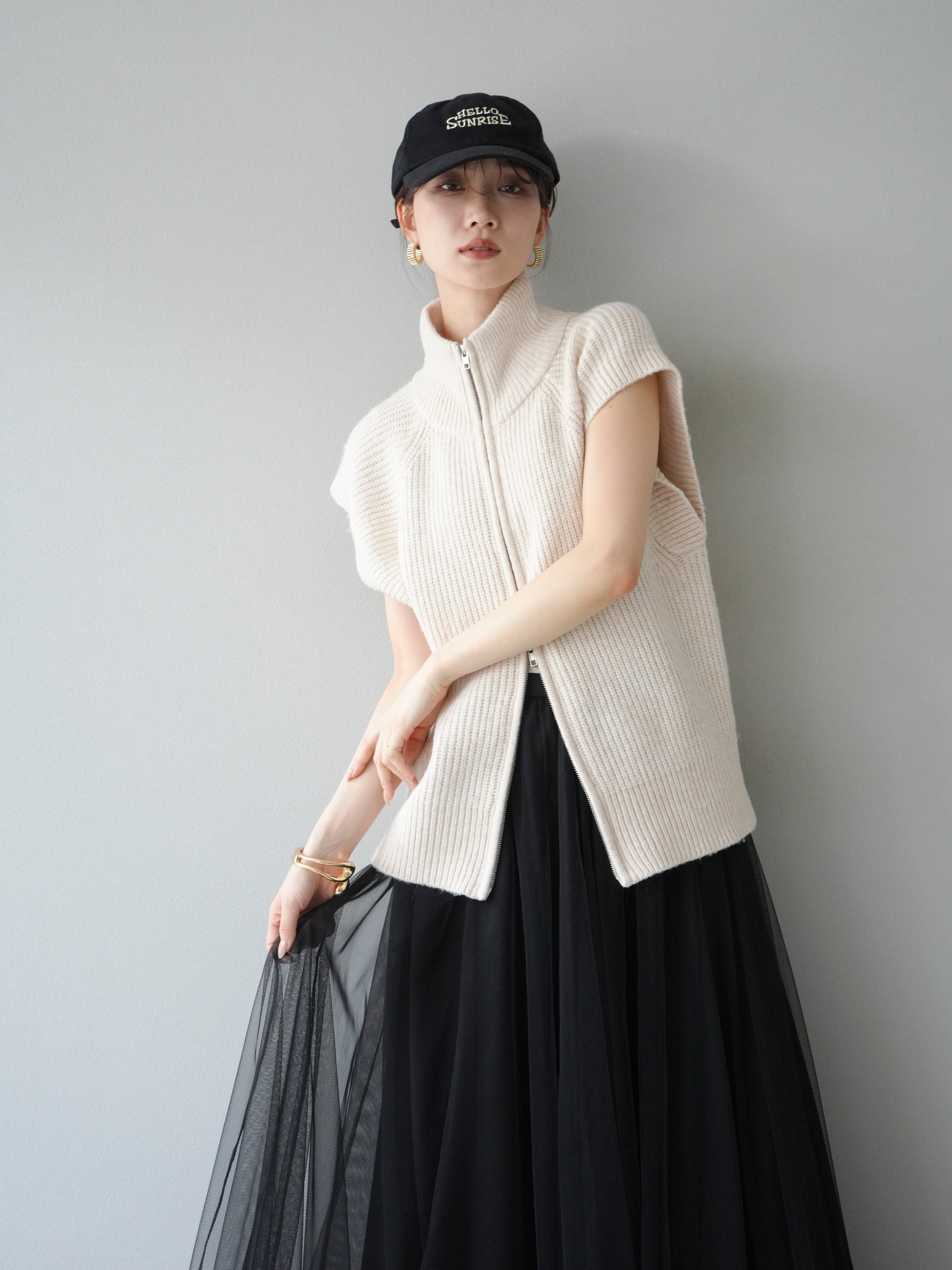 予約]ダブルZIPハイネック畦編みニットベスト/オートミール – Lumier