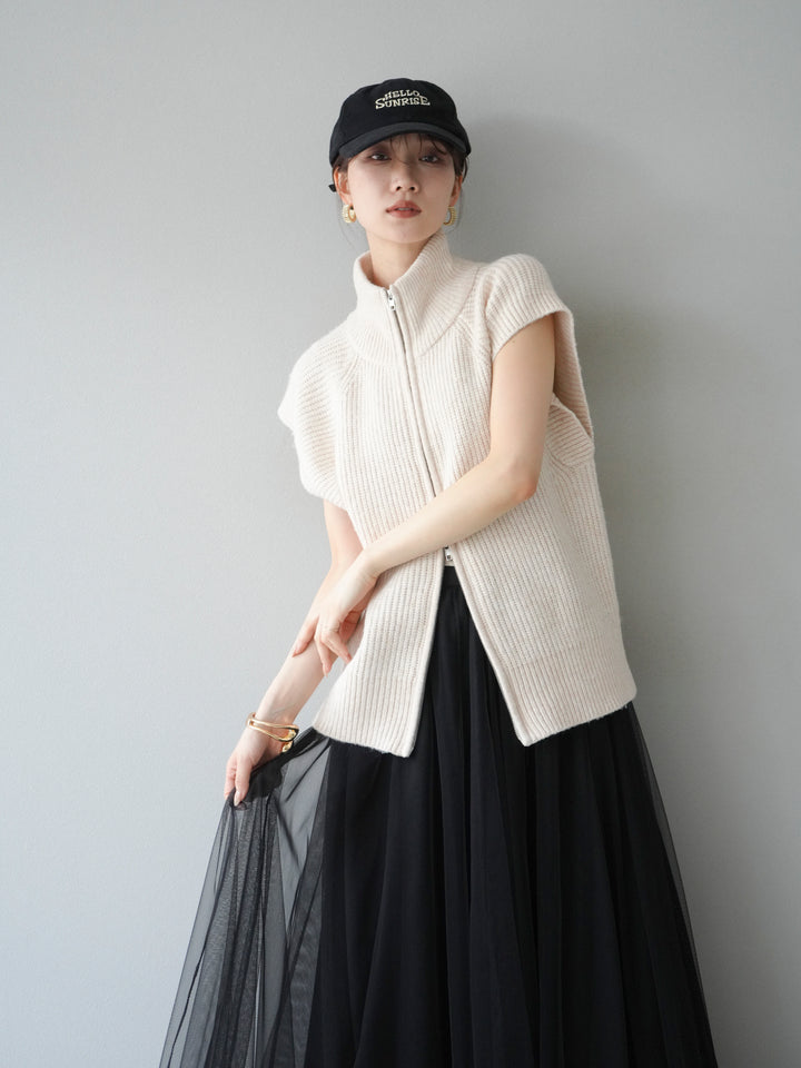 [予約]ダブルZIPハイネック畦編みニットベスト/オートミール