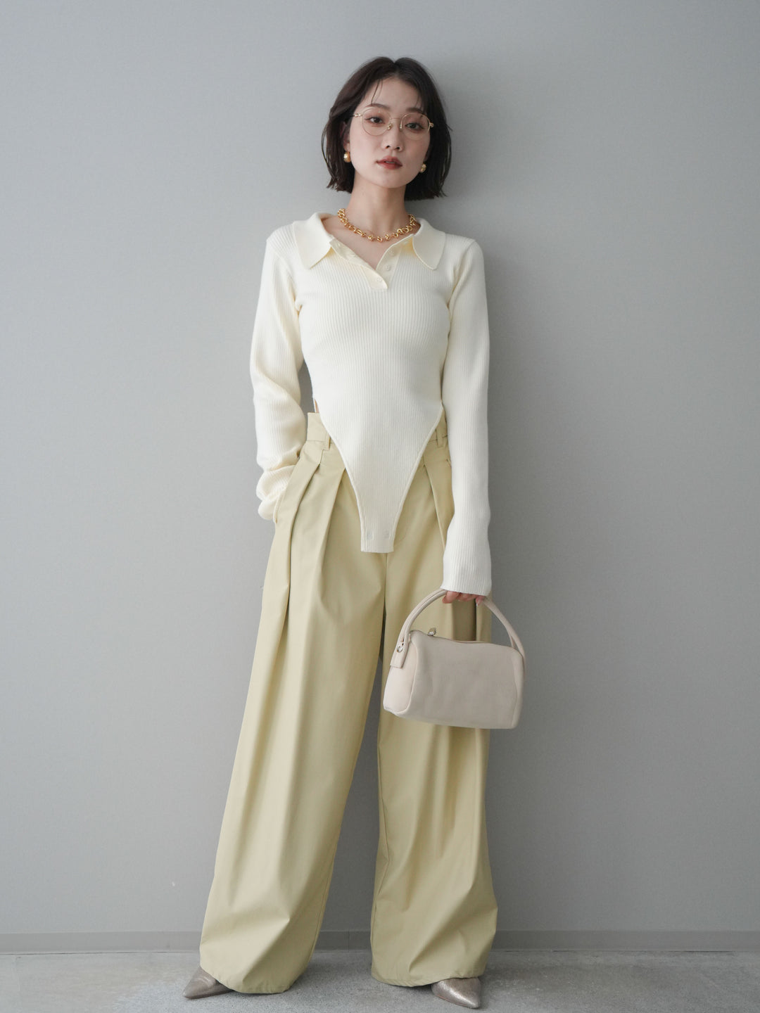 [予約]リブポロニットボディスーツ/ivory