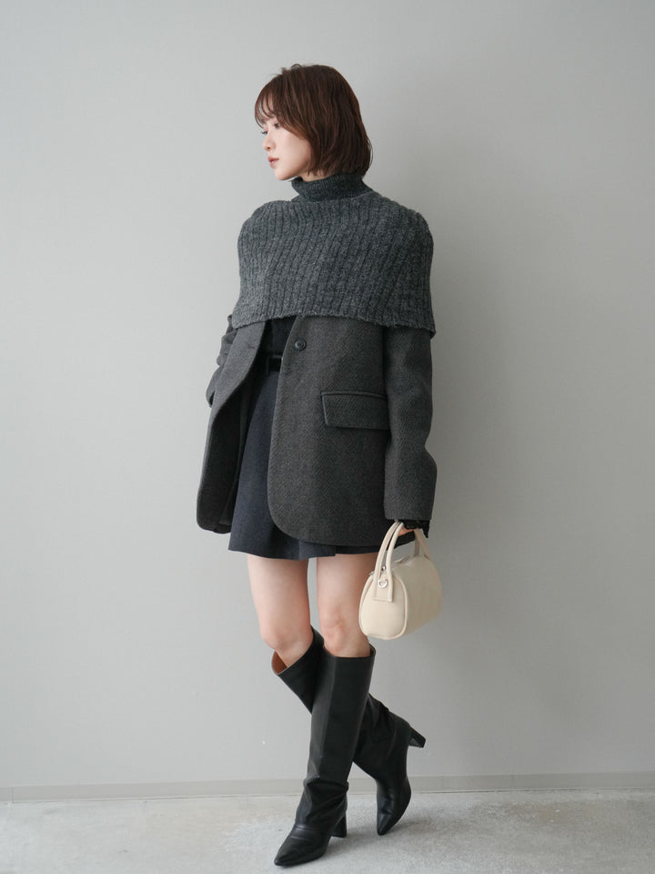 [SET]ケープ付ノーカラージャケット+ベルト付きタックミニスカート(2set)