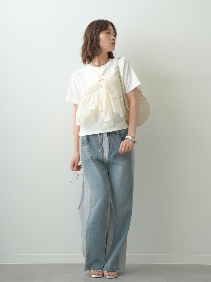 [SET]ナイロンドッキングツイストTEE +デニム切替スウェットパンツ(2set)