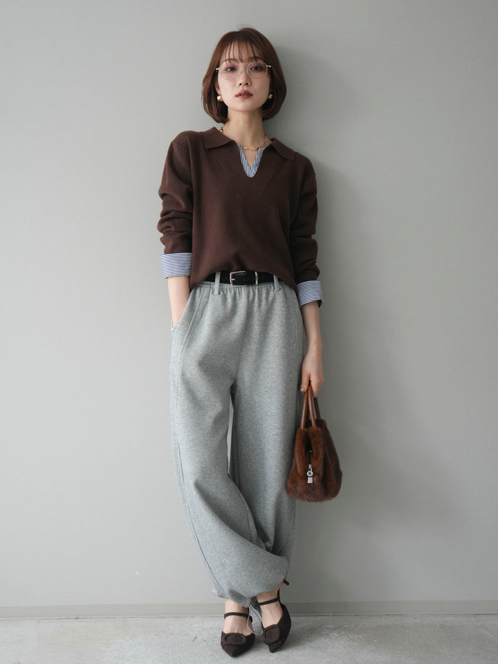 [予約]シャツレイヤードスキッパーニットプルオーバー/brown