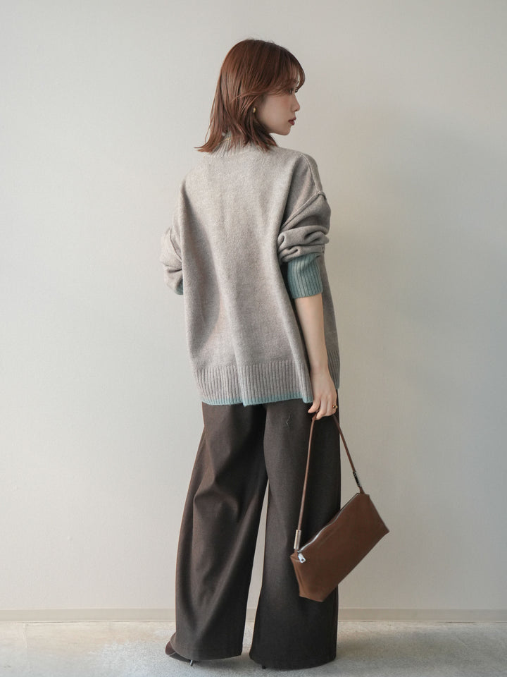 [SET]配色ハイネックニットプルオーバー+アニマル柄ベルト付きウールタッチワイドパンツ(2set)