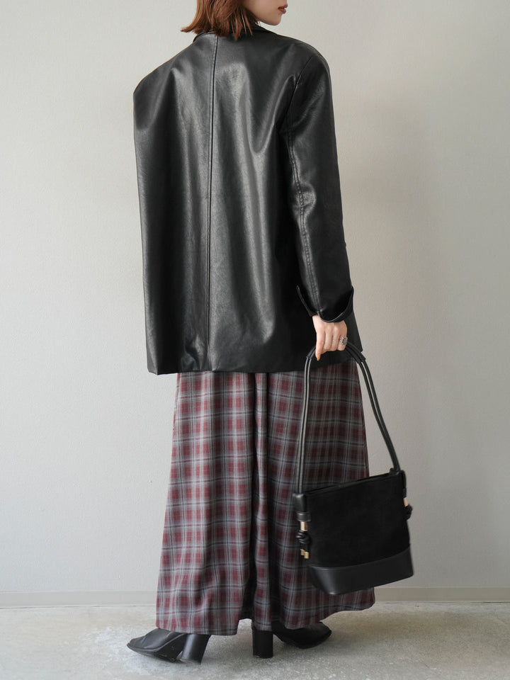 [予約]チェックタックフレアロングスカート/ ボルドー