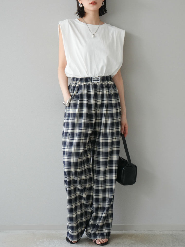 【預購】蕾絲層疊格紋寬褲/藏青色