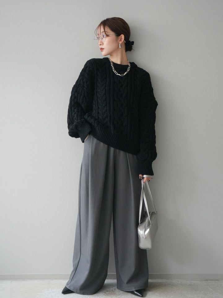 [SET]ボリュームケーブルニットプルオーバー+ベルトループデザインワイドパンツ(2set)