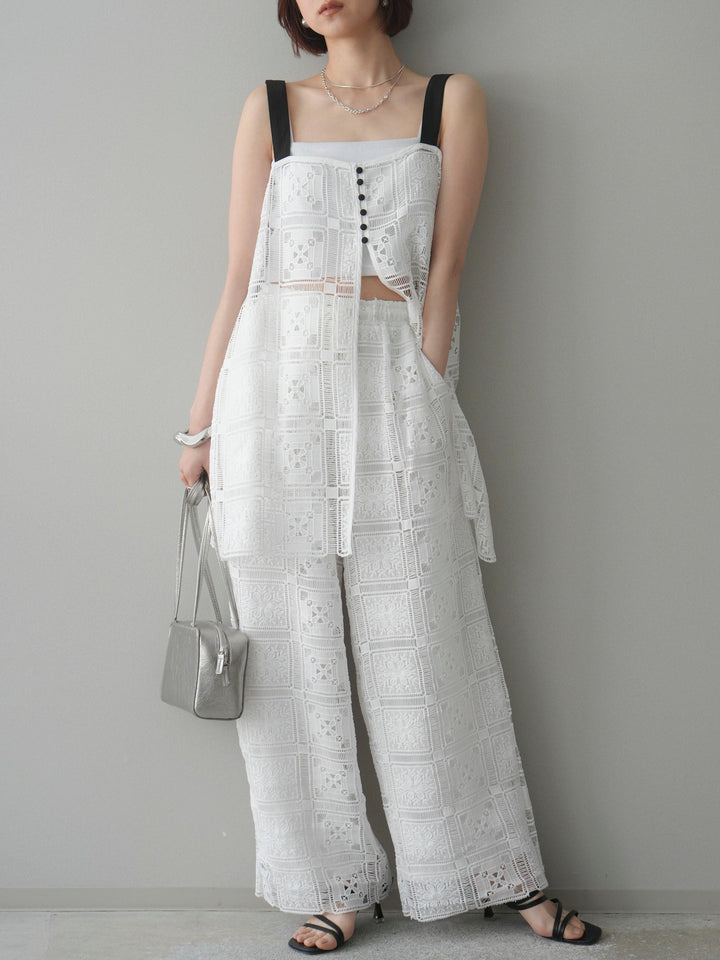 [SET]配色パネルレースキャミソール+パネルレースイージーパンツ(2set)