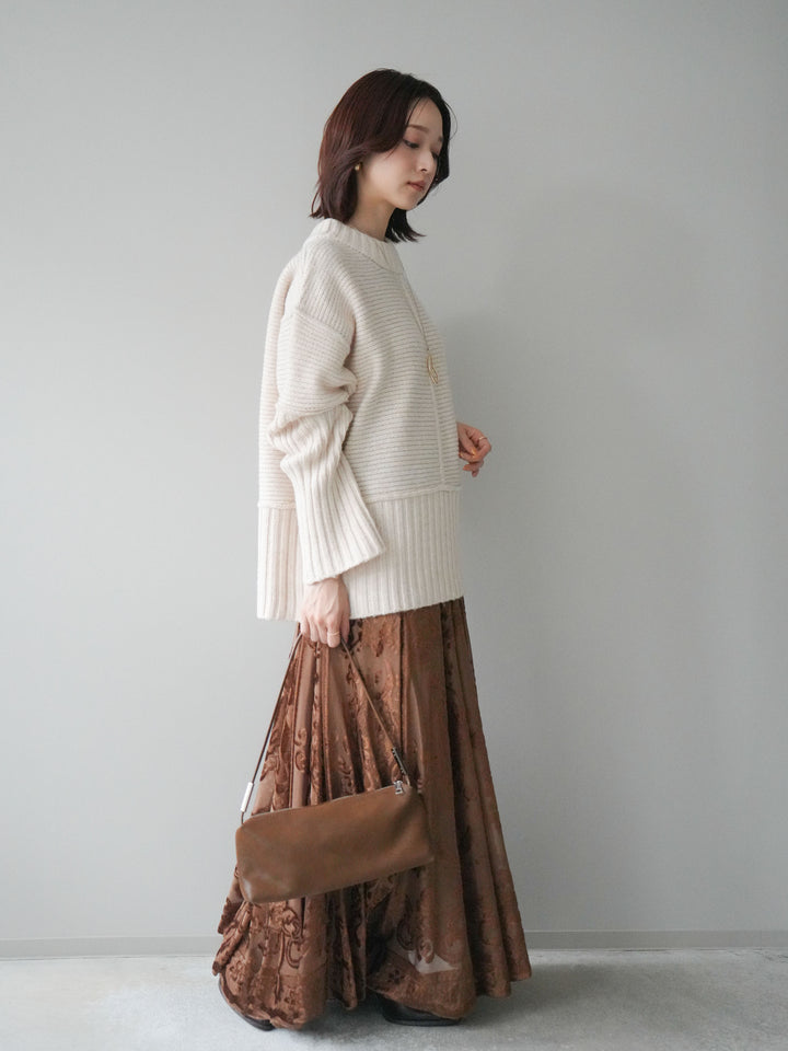 [SET]編み地切替ボトルネックニットプルオーバー+アンティーク柄フロッキーマキシスカート(2set)