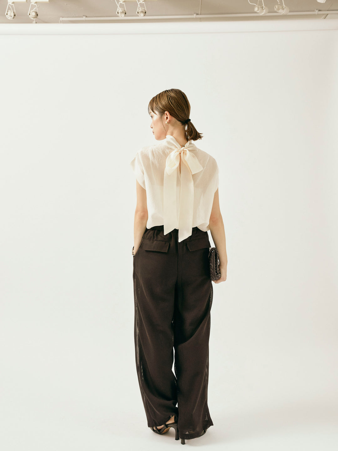 【Allure】[SET]シャイニーシアーブラウス+メッシュタックワイドパンツ(2set)