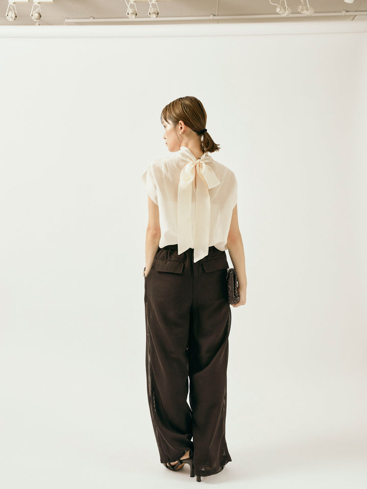 【Allure】[SET]シャイニーシアーブラウス+メッシュタックワイドパンツ(2set)