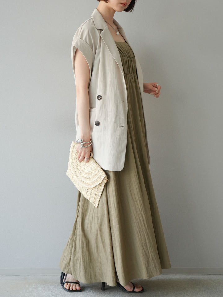 [SET]レーヨンシャーリングキャミワンピース+リネンライクノースリーブダブルジレ(2set)