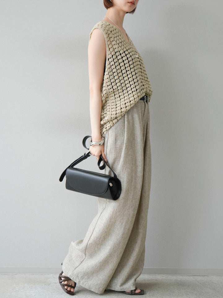 [予約]リネンライクベルト付タックループワイドパンツ/ベージュ