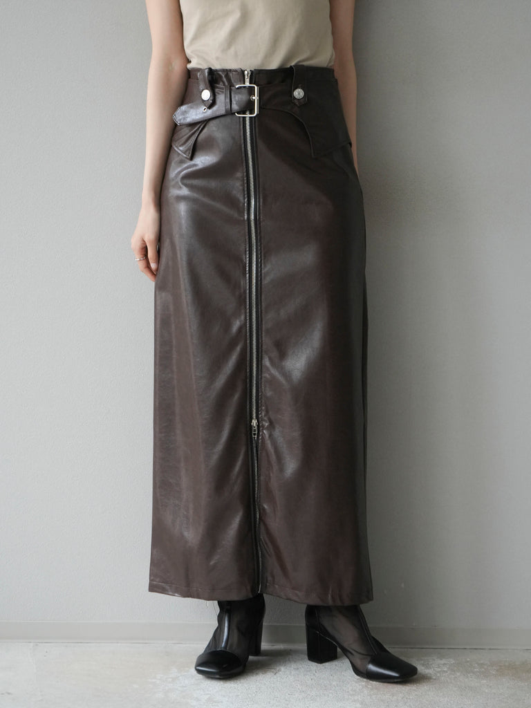 予約]ベルトデザインレザータッチZIPタイトスカート/ブラウン – Lumier