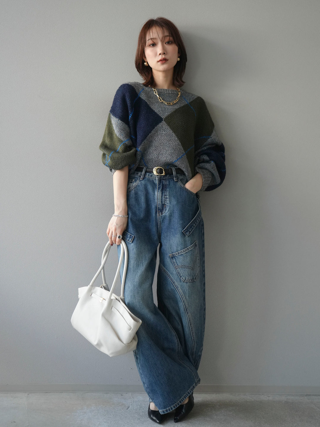 [予約]配色ステッチアーガイル柄ニットプルオーバー/gray