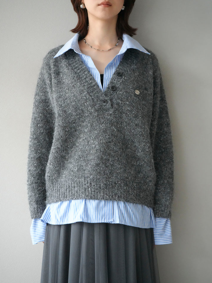 [予約]ストライプシャツドッキングMIXヤーンニットプルオーバー/charcoal