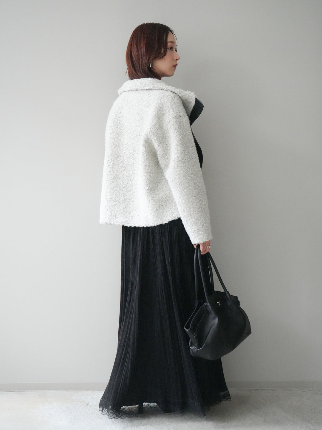 [SET]レザー切替ブークレブルゾン+袖ボタンボトルネックリブニットトップス+裾レーススウェードプリーツマキシスカート(3set)