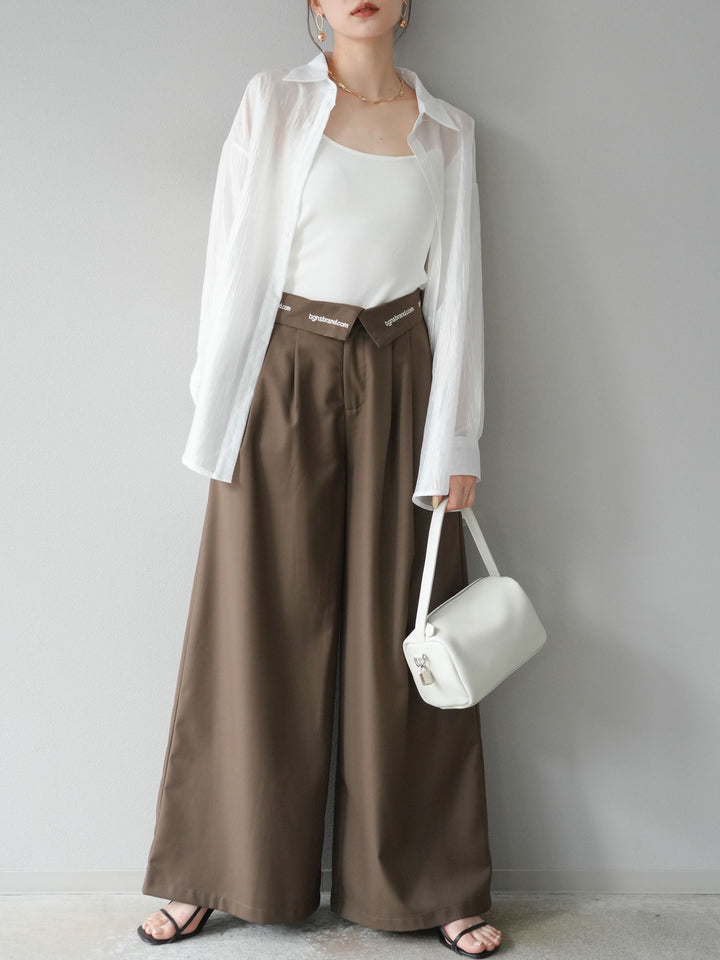 【預購】寬褲，捲腰，附logo褶/褐色